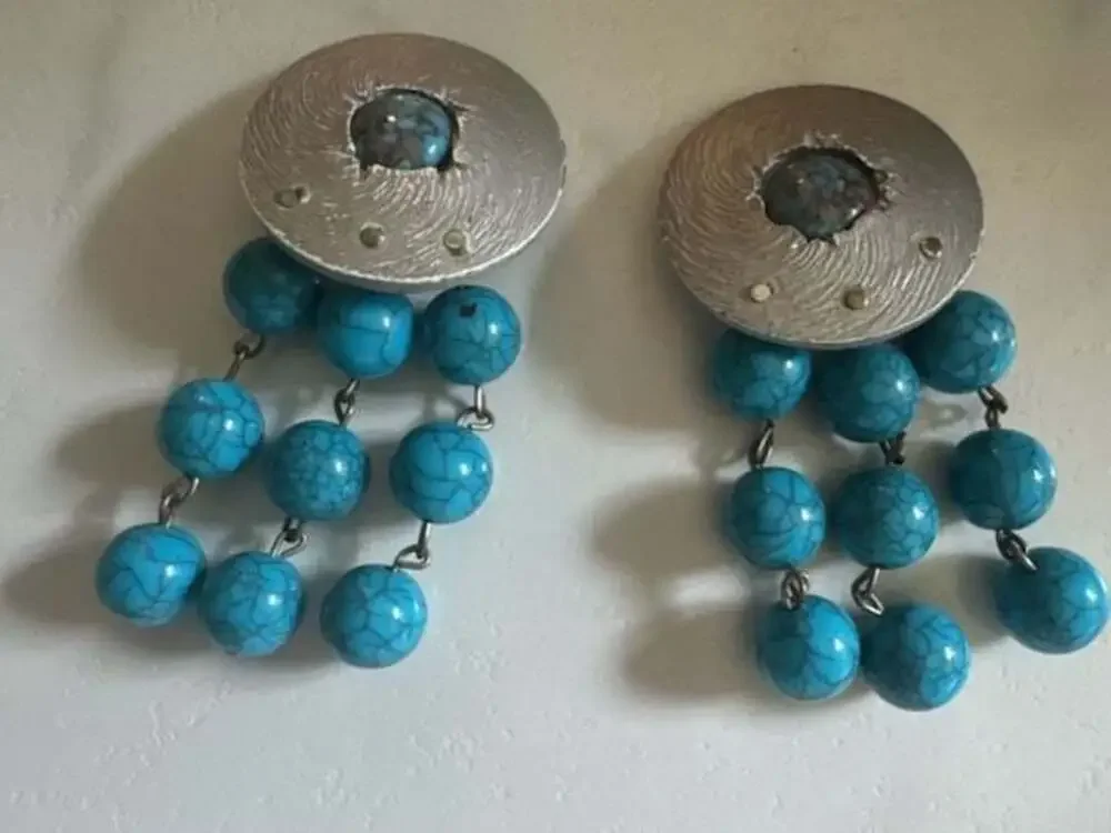 Vintage Boho Silver Tone Textured Disc Faux Turquoise Dangle Earrings